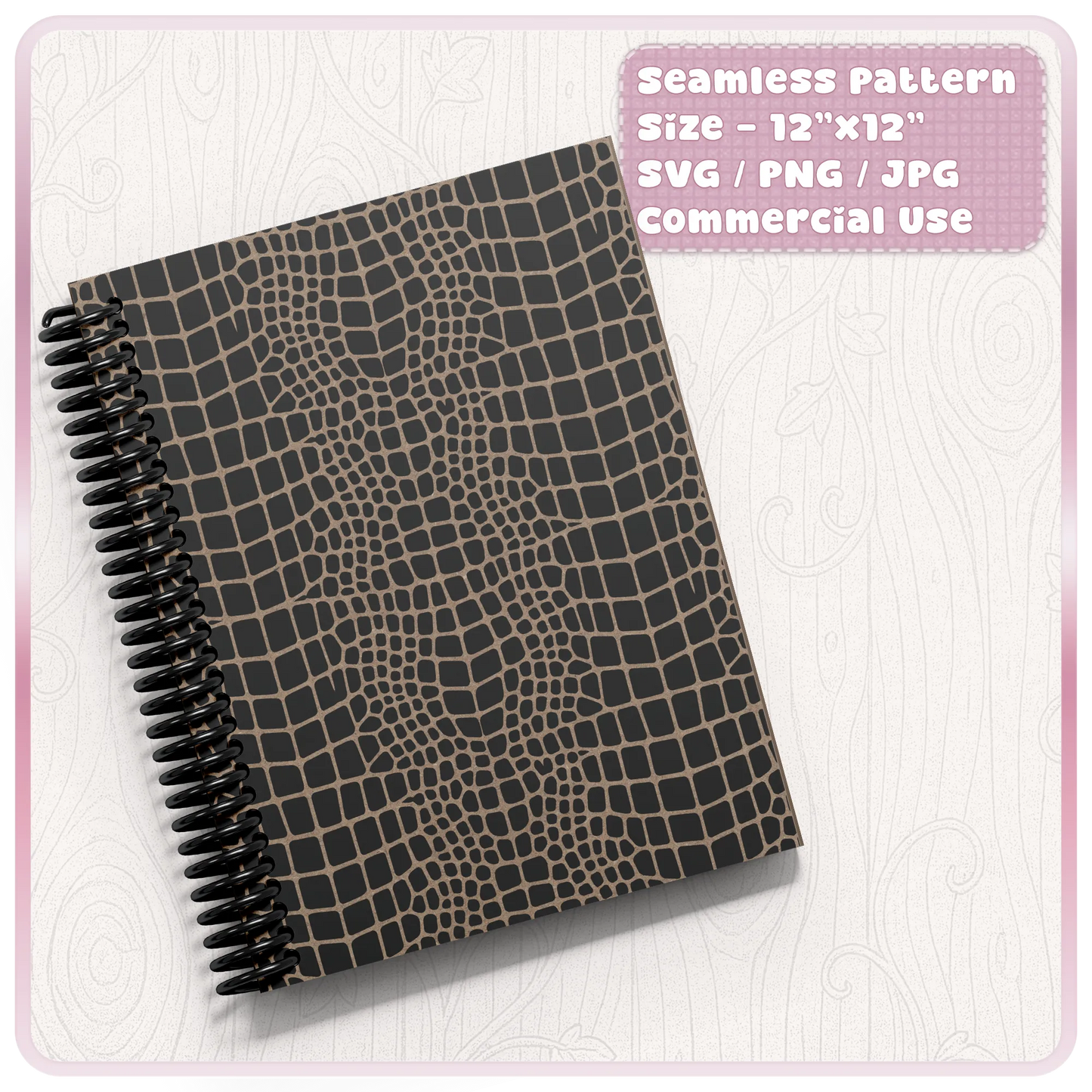 Crocodile skin seamless pattern used on a spiral notebook cover showing black croc leather texture digital paper for commercial design projects.