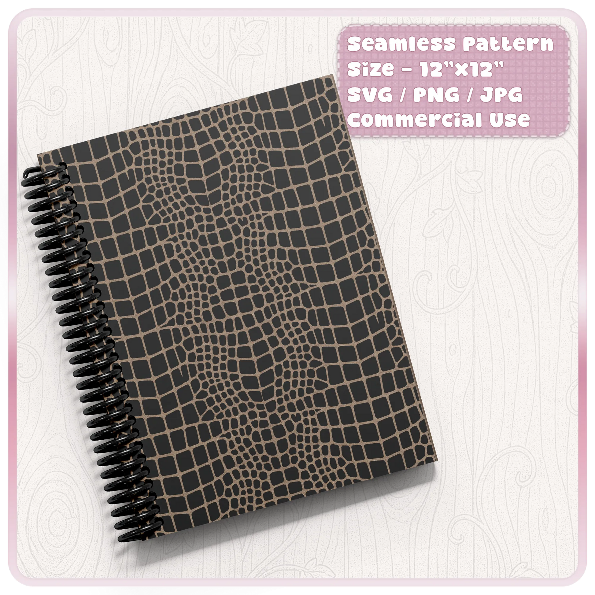 Crocodile skin seamless pattern used on a spiral notebook cover showing black croc leather texture digital paper for commercial design projects.