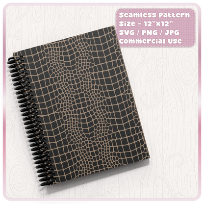 Crocodile skin seamless pattern used on a spiral notebook cover showing black croc leather texture digital paper for commercial design projects.