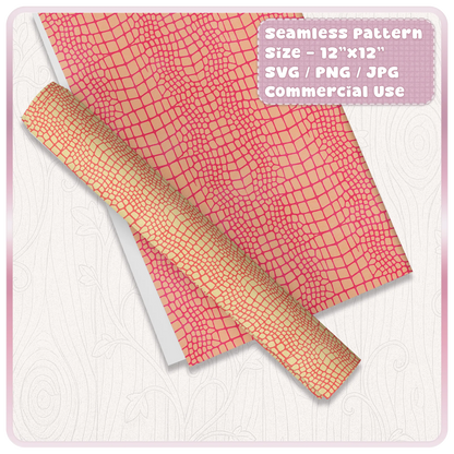 Pink and yellow crocodile skin seamless pattern shown as printable digital paper and rolled craft paper for sublimation and scrapbook designs.