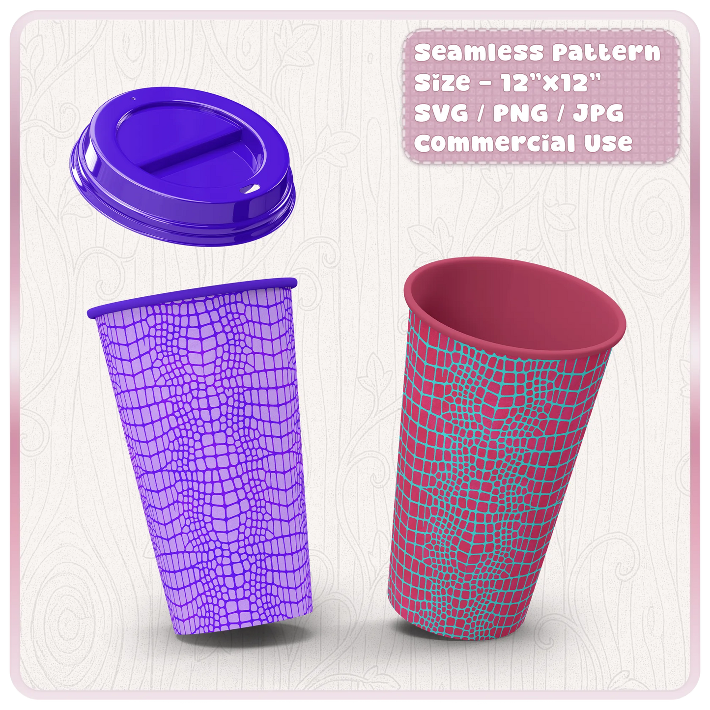 Crocodile skin seamless pattern applied to reusable cup mockups showing colourful reptile print SVG PNG JPG files for product design.