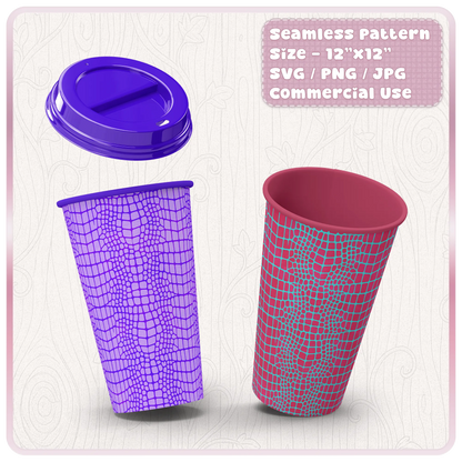 Crocodile skin seamless pattern applied to reusable cup mockups showing colourful reptile print SVG PNG JPG files for product design.
