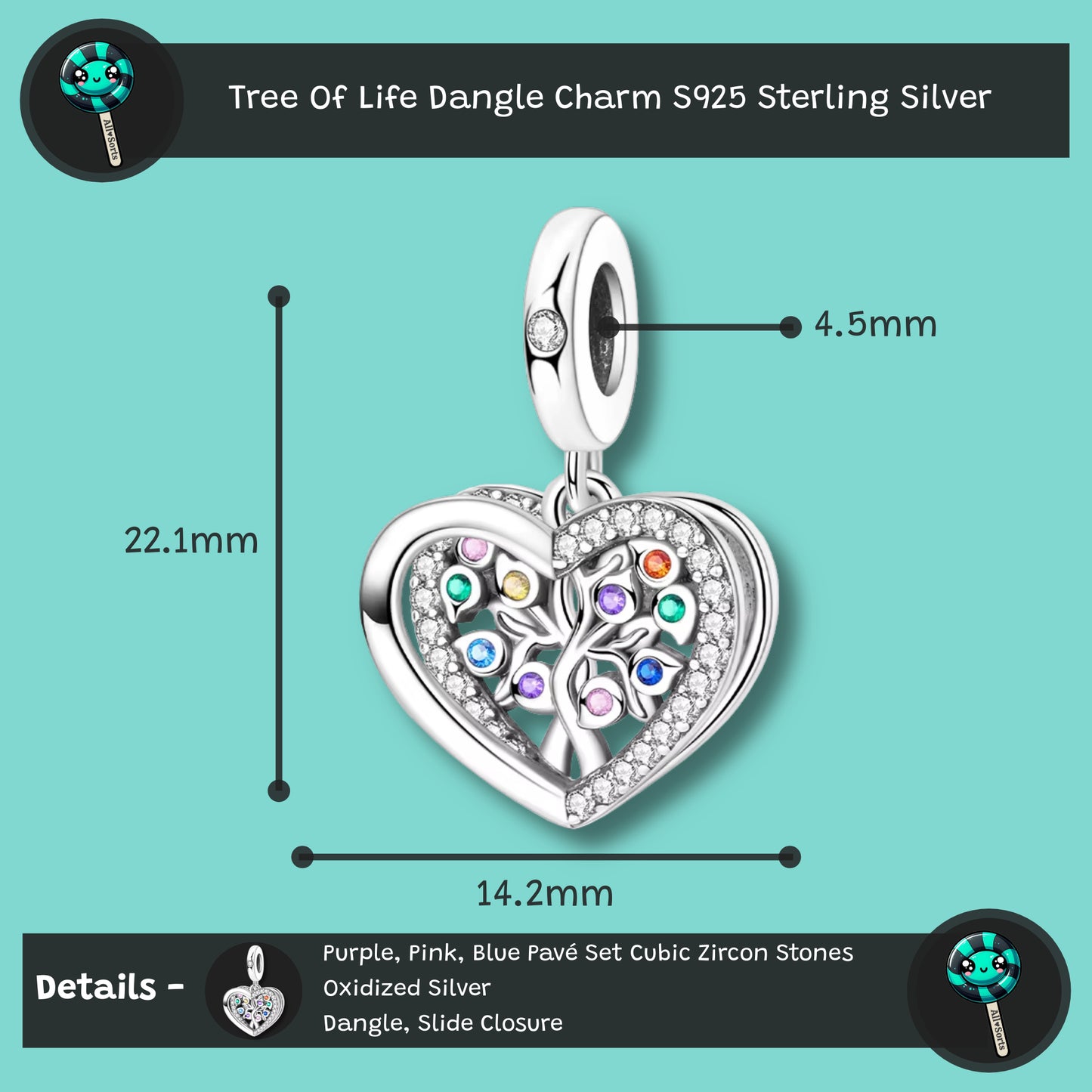 Tree Of Life Heart Dangle Bracelet Charm S925 Silver