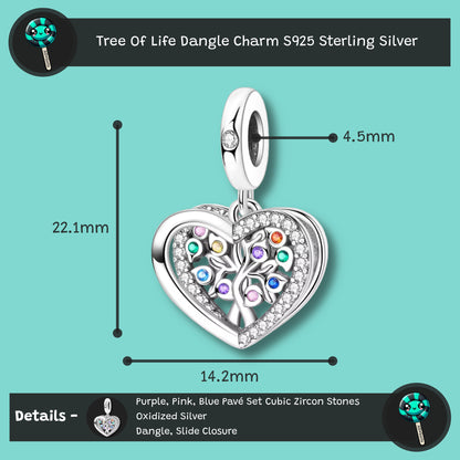 Tree Of Life Heart Dangle Bracelet Charm S925 Silver