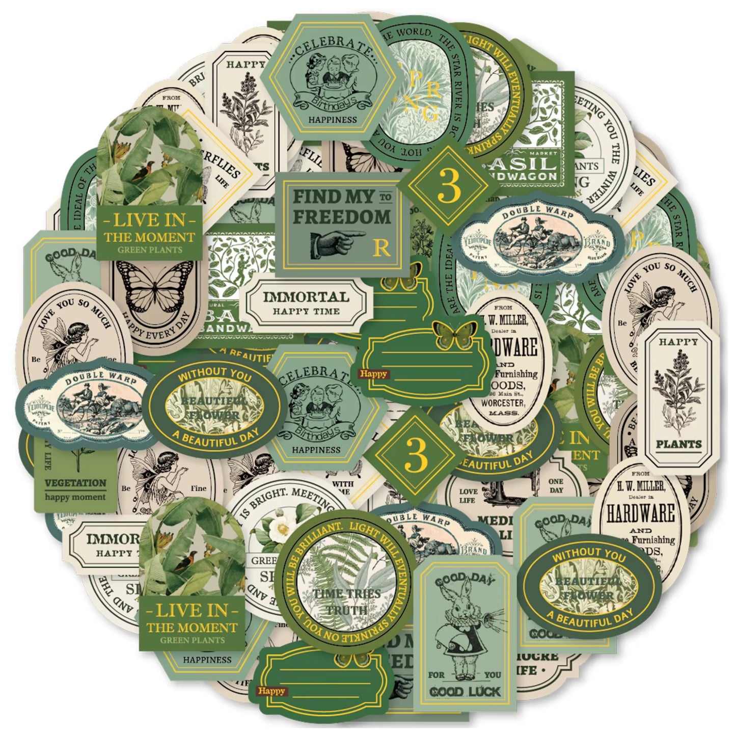 40 Pieces Green Retro Label Stickers Foiled Washi