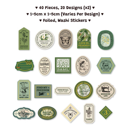 40 Pieces Green Retro Label Stickers Foiled Washi
