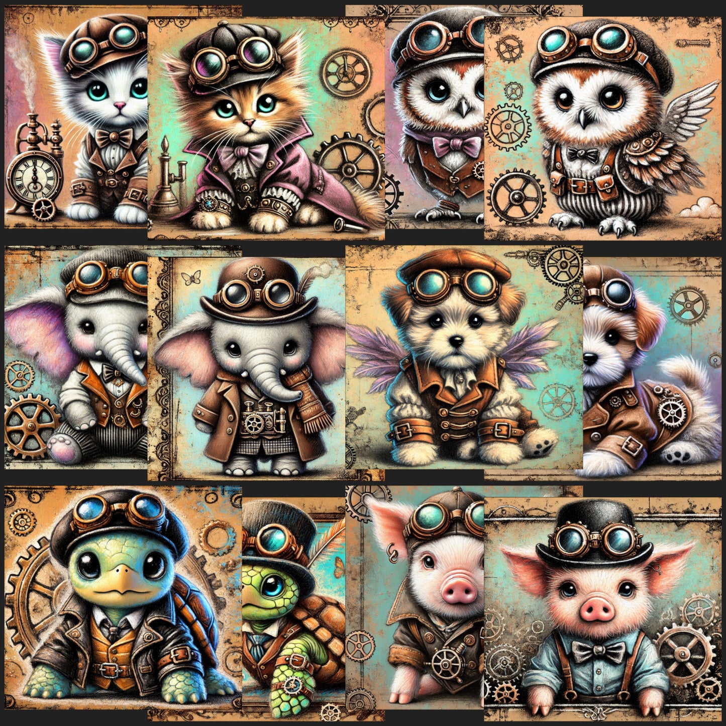 12 Pieces Baby Animals Of Steampunk Card Toppers