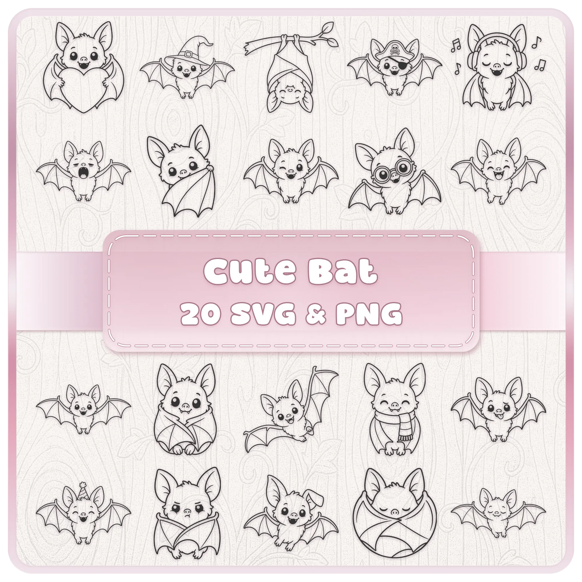 Cute Bat SVG and PNG bundle with 20 adorable kawaii bat clipart designs for Halloween crafts, Cricut, Silhouette and digital projects.