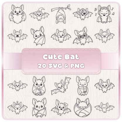 Cute Bat SVG and PNG bundle with 20 adorable kawaii bat clipart designs for Halloween crafts, Cricut, Silhouette and digital projects.