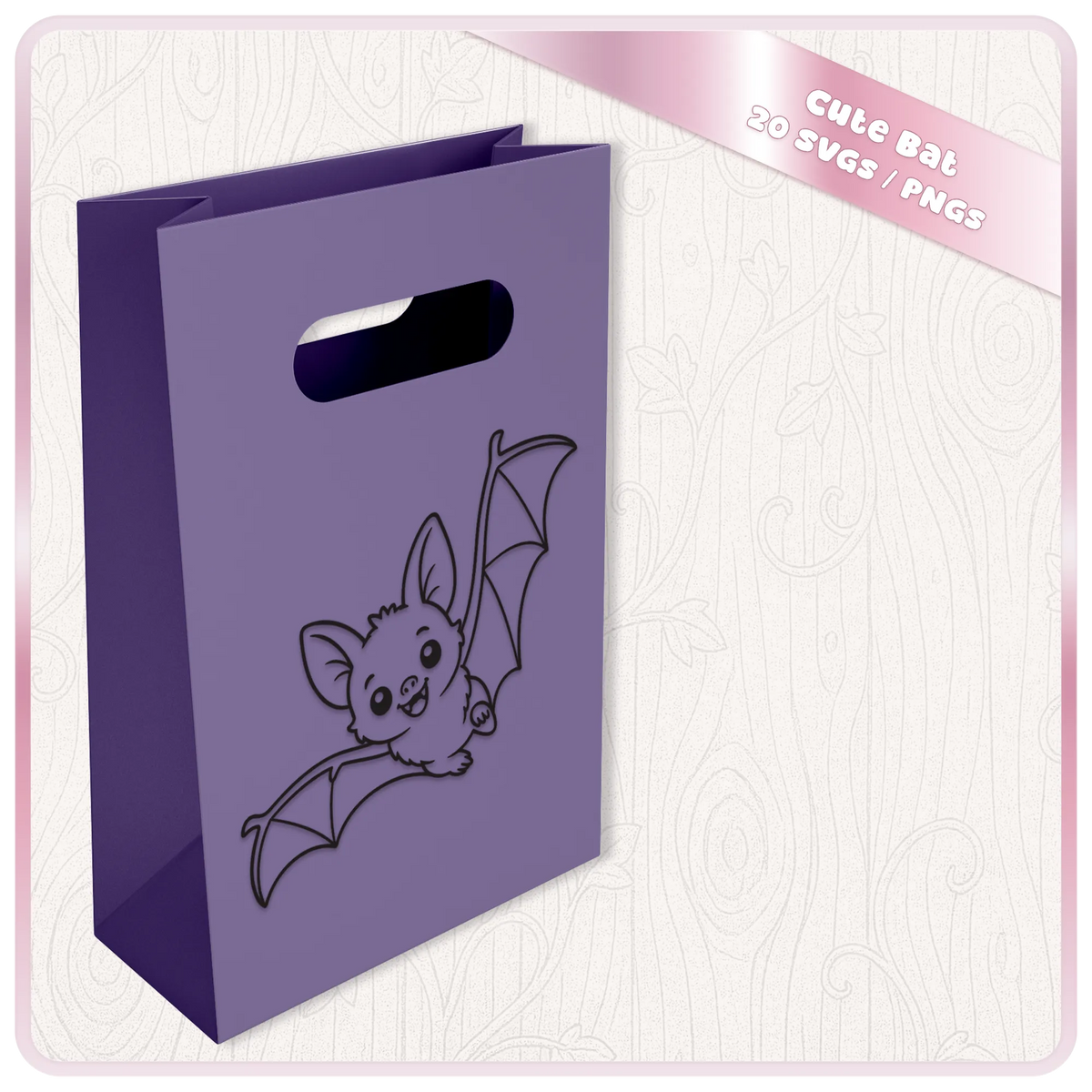Cute bat SVG displayed on purple gift bag mockup showing flying kawaii bat line art for Halloween gifts, party bags and craft projects.