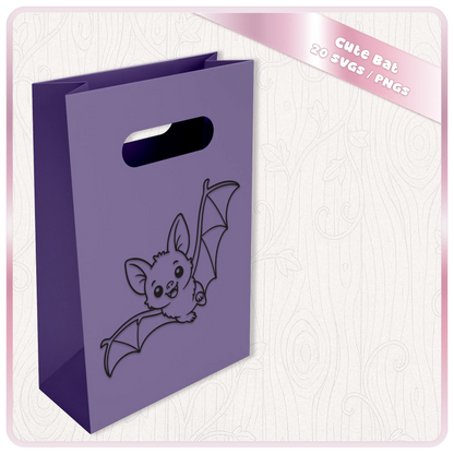 Cute bat SVG displayed on purple gift bag mockup showing flying kawaii bat line art for Halloween gifts, party bags and craft projects.