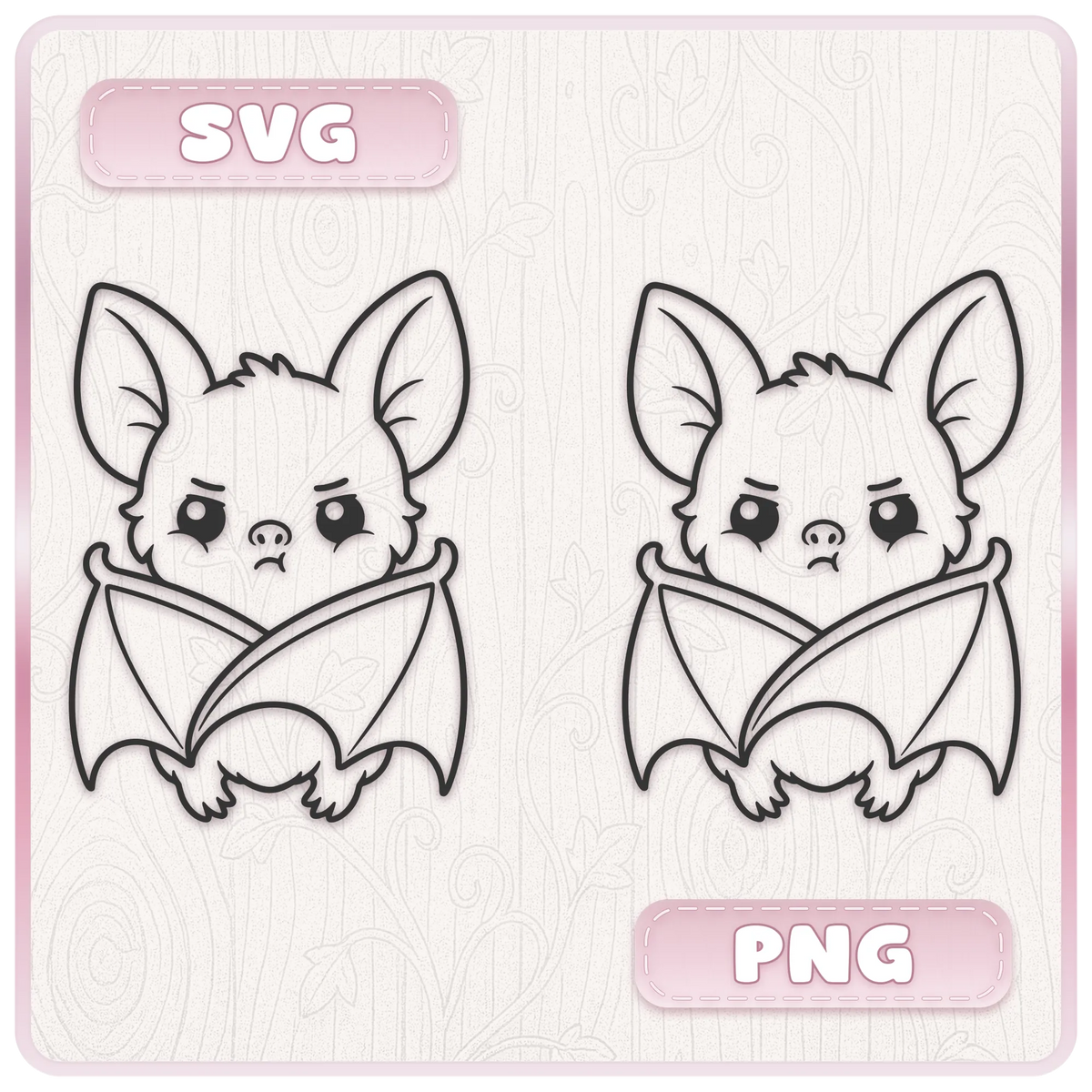 Cute grumpy bat SVG and PNG clipart file preview showing adorable wrapped bat line art for Cricut, Silhouette and Halloween craft projects.