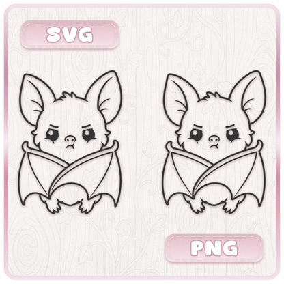 Cute grumpy bat SVG and PNG clipart file preview showing adorable wrapped bat line art for Cricut, Silhouette and Halloween craft projects.