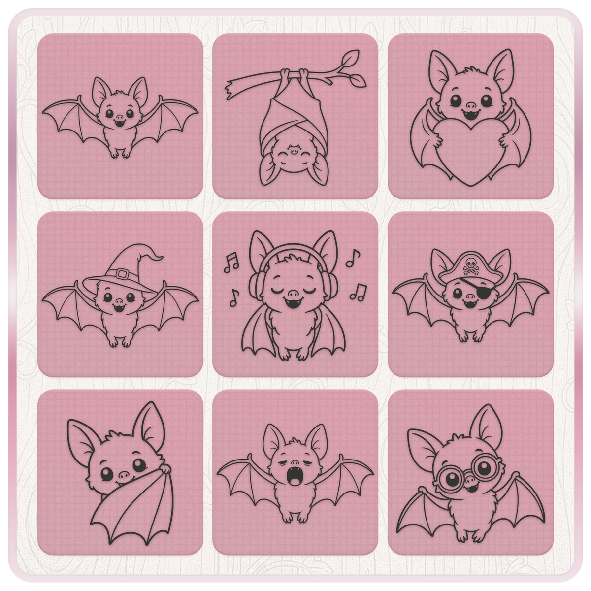 Kawaii bat SVG and PNG clipart featuring cute flying bat, hanging bat, heart bat, witch bat, pirate bat and music bat designs.