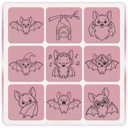 Kawaii bat SVG and PNG clipart featuring cute flying bat, hanging bat, heart bat, witch bat, pirate bat and music bat designs.
