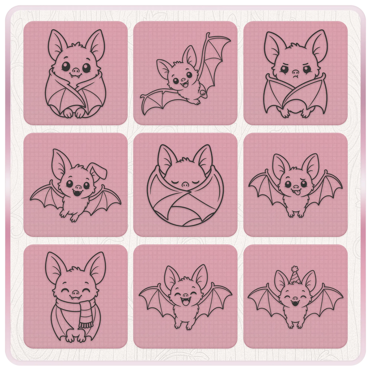 Cute bat SVG bundle preview featuring nine adorable bat clipart designs including flying, wrapped, cosy and party bats for Halloween crafts.