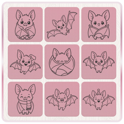 Cute bat SVG bundle preview featuring nine adorable bat clipart designs including flying, wrapped, cosy and party bats for Halloween crafts.