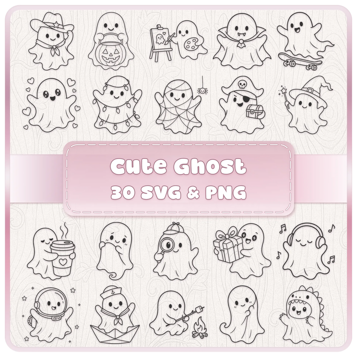 Cute Ghost SVG bundle with 30 kawaii ghost SVG and PNG clipart designs for Halloween Cricut, sublimation and craft projects