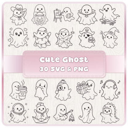 Cute Ghost SVG bundle with 30 kawaii ghost SVG and PNG clipart designs for Halloween Cricut, sublimation and craft projects