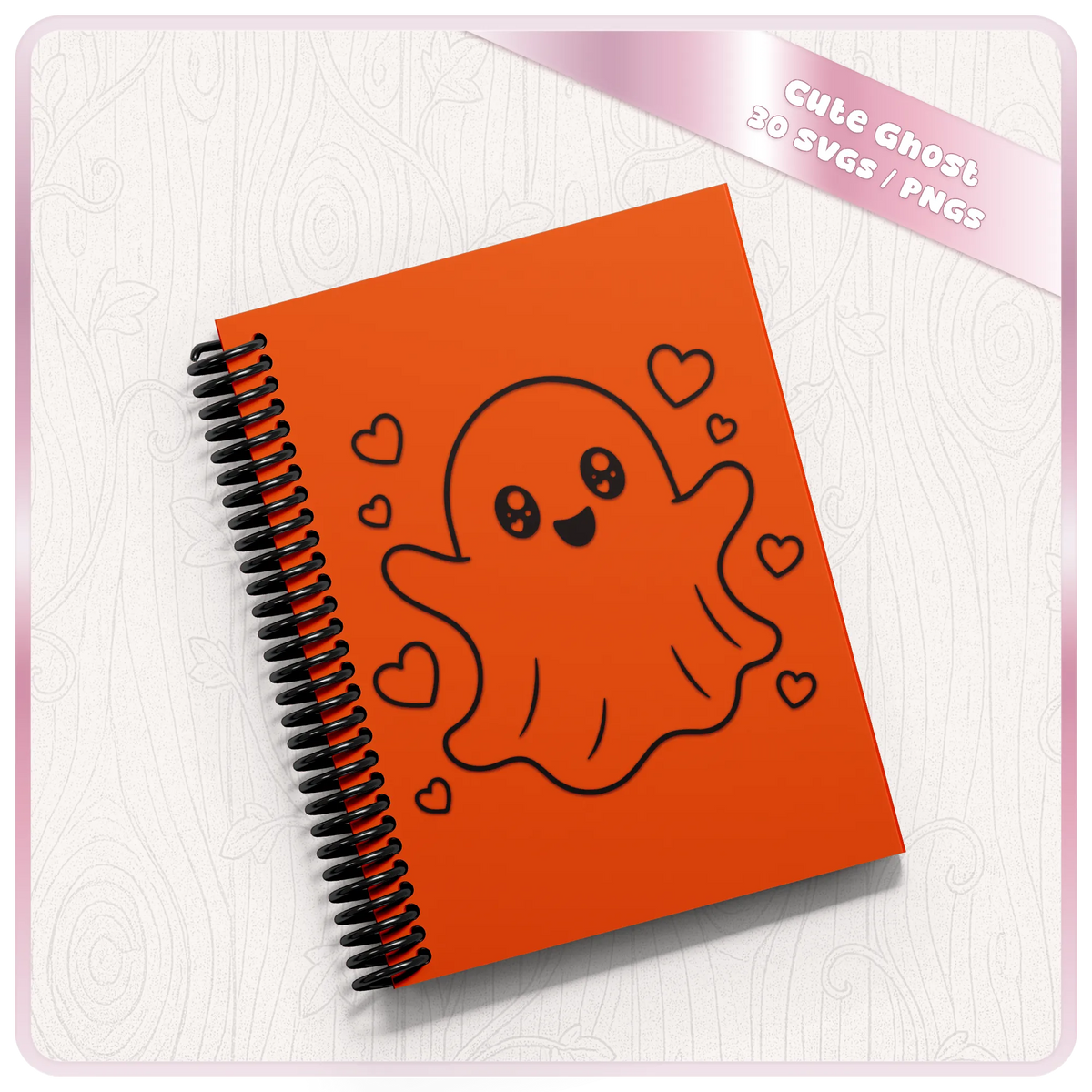 Cute kawaii ghost SVG with hearts shown on orange spiral notebook mockup from 30 ghost SVG and PNG clipart bundle