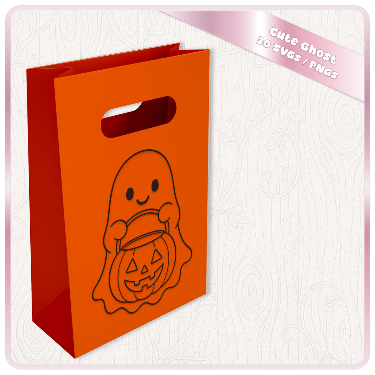 Cute Halloween ghost holding pumpkin SVG shown on orange gift bag mockup from kawaii ghost SVG and PNG bundle