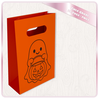 Cute Halloween ghost holding pumpkin SVG shown on orange gift bag mockup from kawaii ghost SVG and PNG bundle