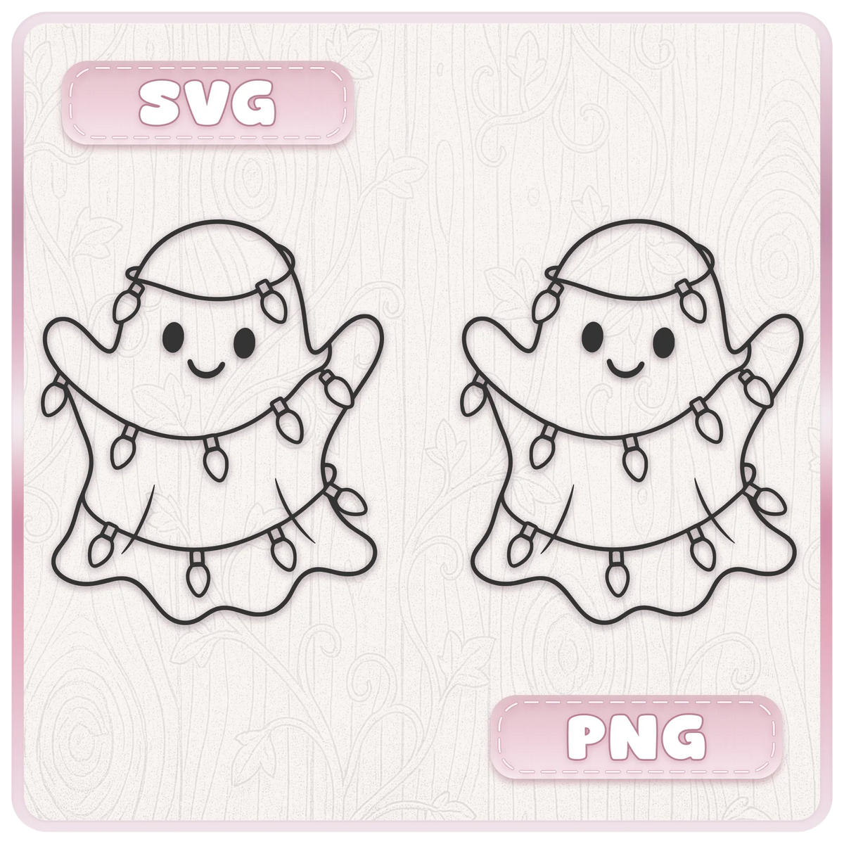Cute ghost wrapped in Christmas lights SVG and PNG black outline clipart design from kawaii ghost digital download bundle