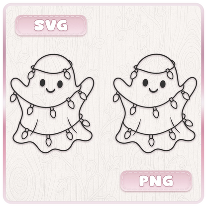 Cute ghost wrapped in Christmas lights SVG and PNG black outline clipart design from kawaii ghost digital download bundle