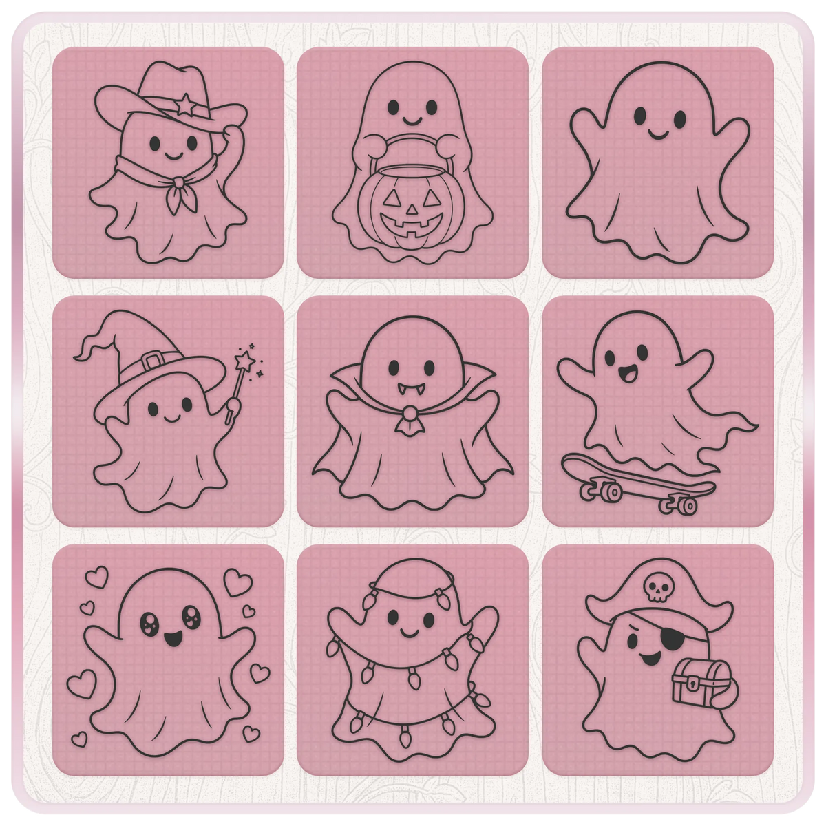 Kawaii ghost SVG bundle preview featuring witch, vampire, pirate, skateboard, pumpkin, Christmas lights and cute ghost designs
