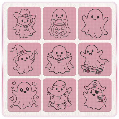 Kawaii ghost SVG bundle preview featuring witch, vampire, pirate, skateboard, pumpkin, Christmas lights and cute ghost designs