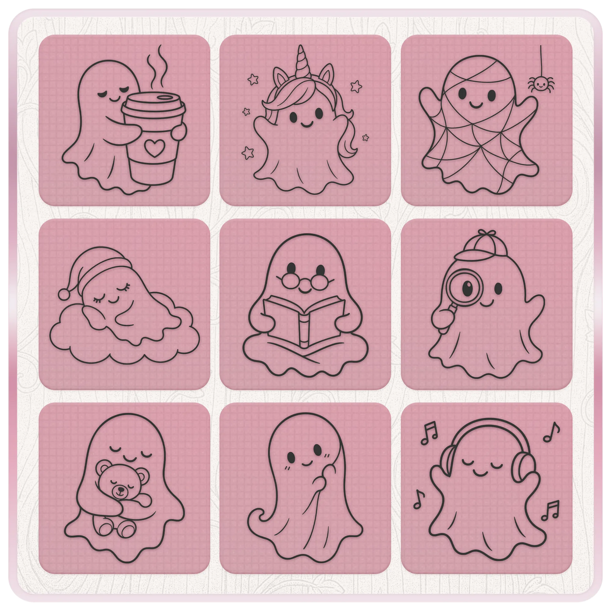 Cute ghost SVG and PNG clipart collection featuring coffee, unicorn, spiderweb, sleeping, reading, detective, teddy bear and music ghosts