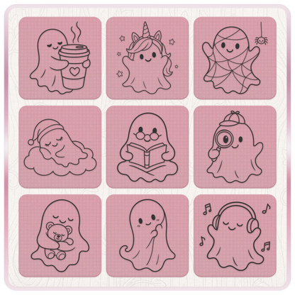 Cute ghost SVG and PNG clipart collection featuring coffee, unicorn, spiderweb, sleeping, reading, detective, teddy bear and music ghosts