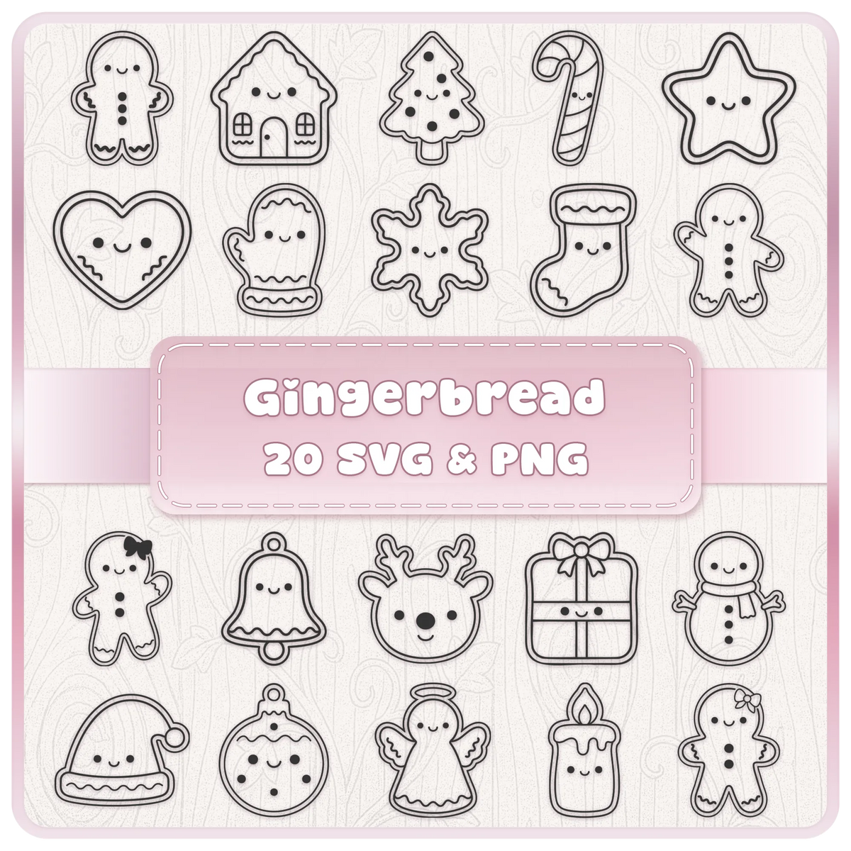 Cute Gingerbread SVG and PNG Christmas bundle featuring 20 kawaii festive clipart designs including gingerbread, snowman, reindeer, angel, Christmas tree and candy cane.