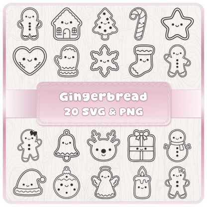 Cute Gingerbread SVG and PNG Christmas bundle featuring 20 kawaii festive clipart designs including gingerbread, snowman, reindeer, angel, Christmas tree and candy cane.