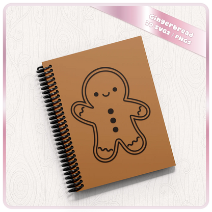 Cute gingerbread man SVG Christmas design displayed on a brown spiral notebook, showing a kawaii gingerbread line art craft project from the Christmas SVG bundle.
