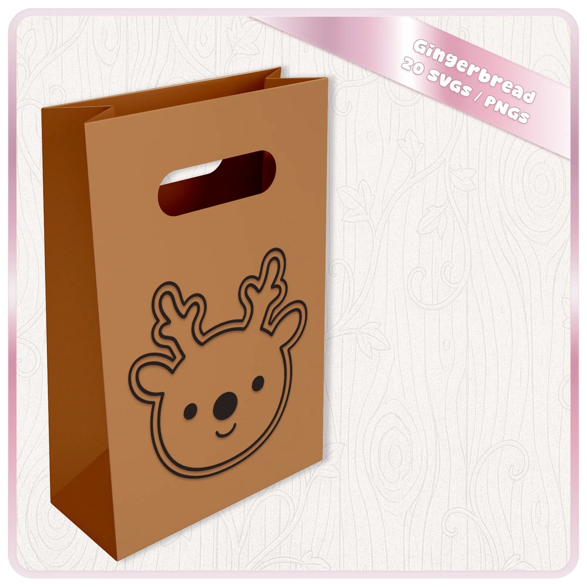 Cute reindeer SVG Christmas design displayed on a brown festive gift bag, showing a kawaii reindeer line art craft project using the Gingerbread SVG bundle.