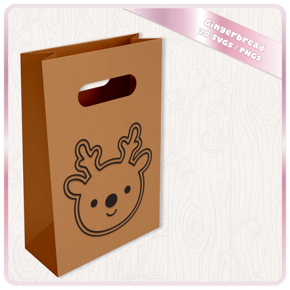 Cute reindeer SVG Christmas design displayed on a brown festive gift bag, showing a kawaii reindeer line art craft project using the Gingerbread SVG bundle.