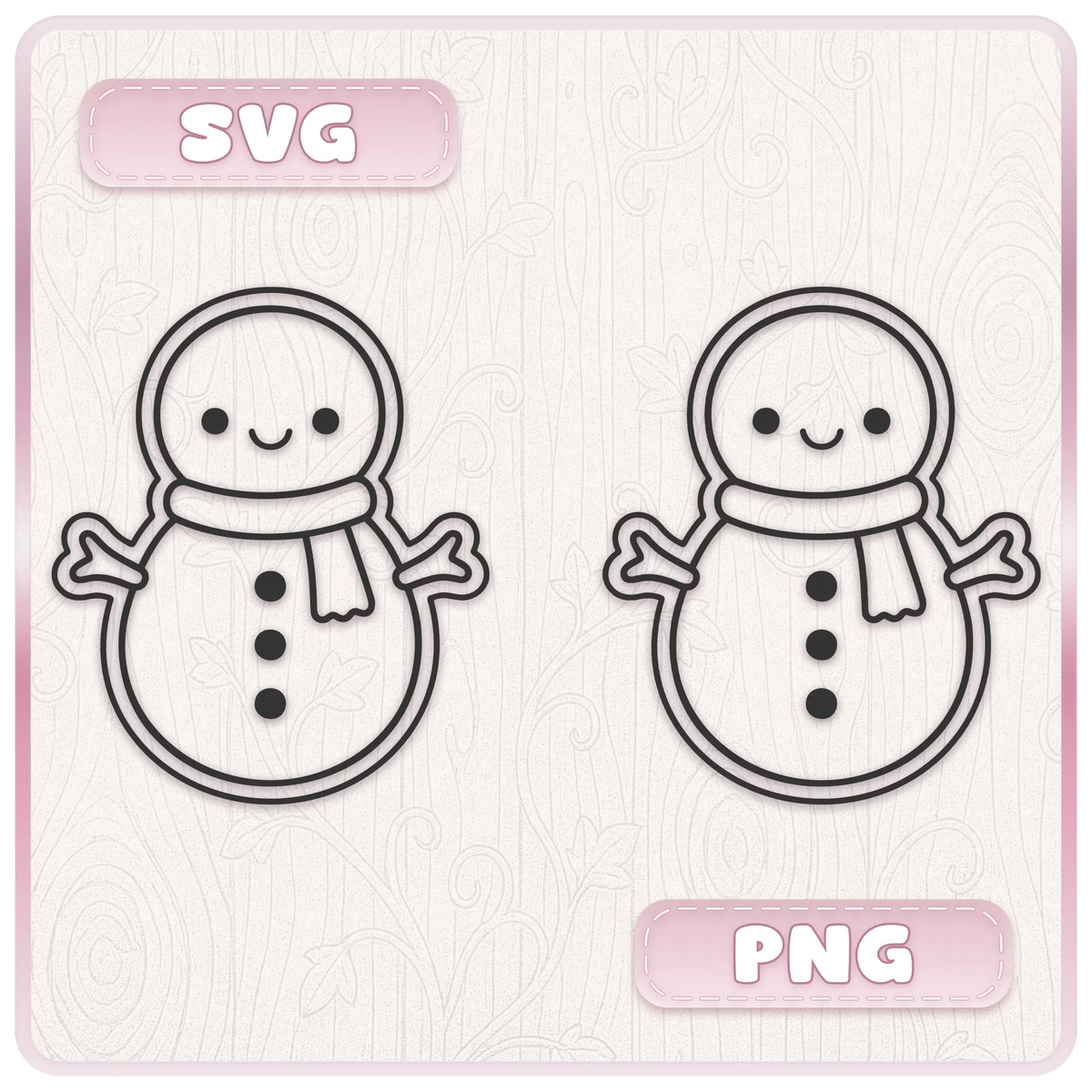 Cute snowman Christmas SVG and PNG digital download preview showing kawaii snowman line art supplied in vector SVG and PNG file formats.