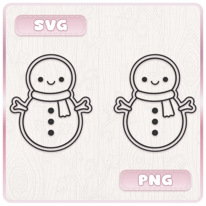 Cute snowman Christmas SVG and PNG digital download preview showing kawaii snowman line art supplied in vector SVG and PNG file formats.