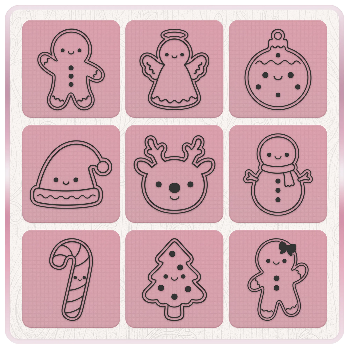 Kawaii Christmas SVG and PNG clipart collection featuring gingerbread, angel, Christmas bauble, Santa hat, reindeer, snowman, candy cane and Christmas tree designs.