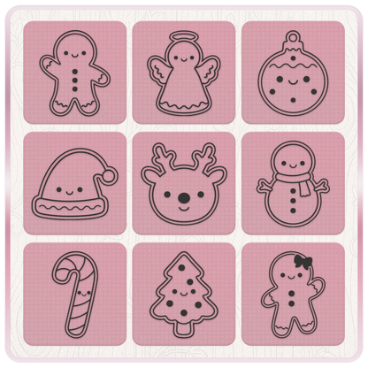 Kawaii Christmas SVG and PNG clipart collection featuring gingerbread, angel, Christmas bauble, Santa hat, reindeer, snowman, candy cane and Christmas tree designs.
