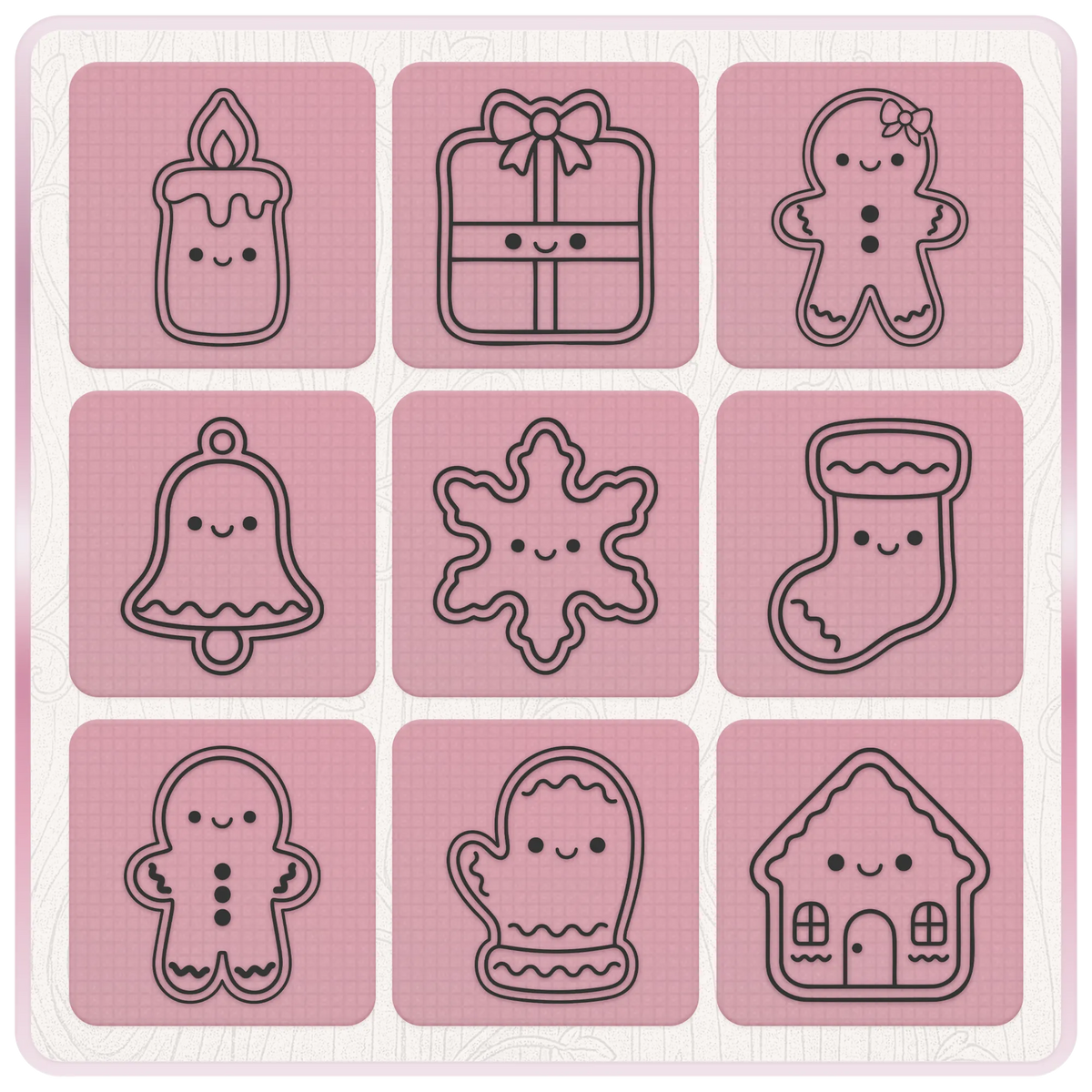 Cute Christmas SVG bundle preview featuring gingerbread characters, gift, candle, snowflake, stocking, mitten, gingerbread house and bell line art designs.