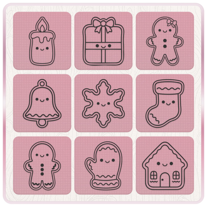Cute Christmas SVG bundle preview featuring gingerbread characters, gift, candle, snowflake, stocking, mitten, gingerbread house and bell line art designs.