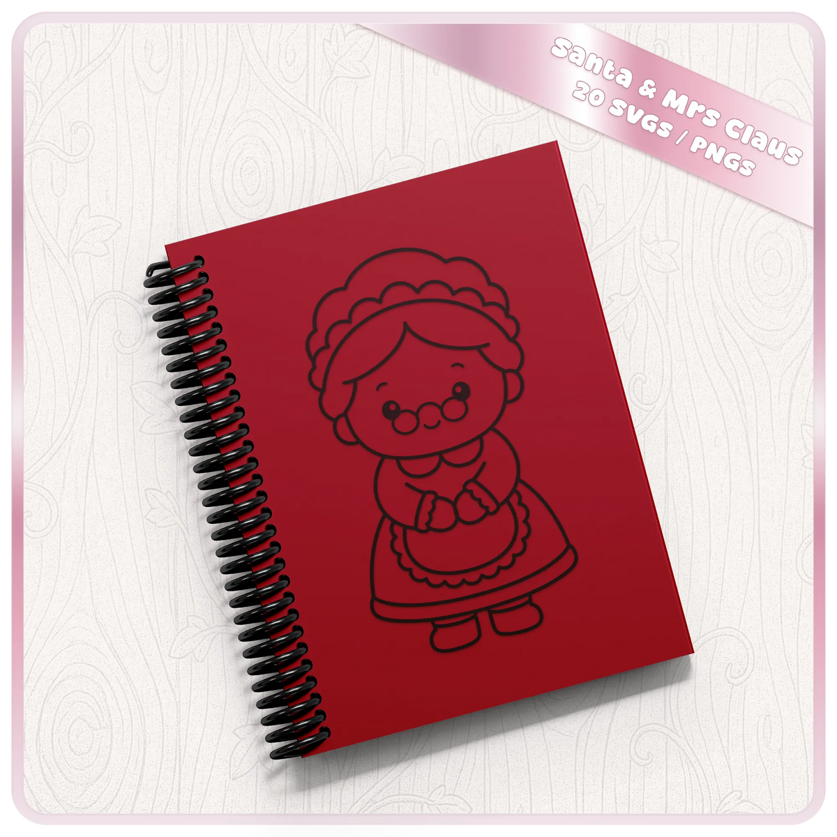 Cute Mrs Claus SVG Christmas design shown on red spiral notebook mockup from Santa and Mrs Claus clipart bundle
