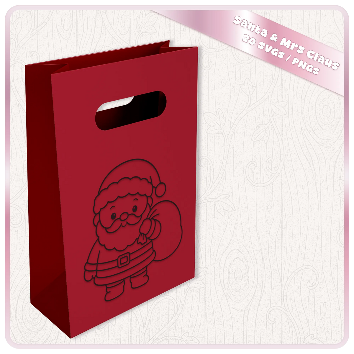 Cute Santa Claus SVG with Christmas sack shown on red gift bag mockup for festive Cricut and Christmas craft projects