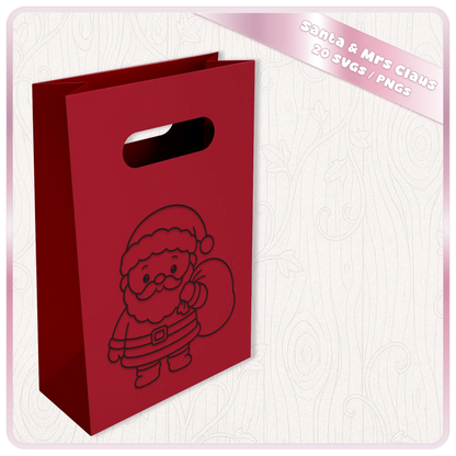 Cute Santa Claus SVG with Christmas sack shown on red gift bag mockup for festive Cricut and Christmas craft projects