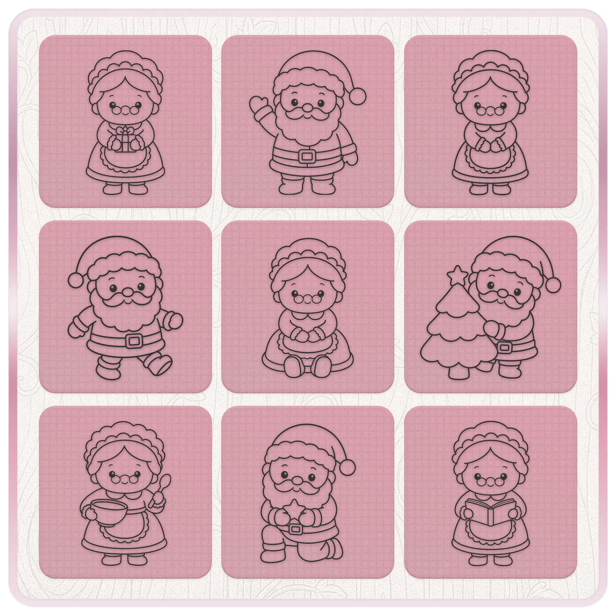 Cute Santa and Mrs Claus Christmas clipart designs featuring presents, Christmas tree, baking, reading and festive poses