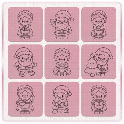 Cute Santa and Mrs Claus Christmas clipart designs featuring presents, Christmas tree, baking, reading and festive poses