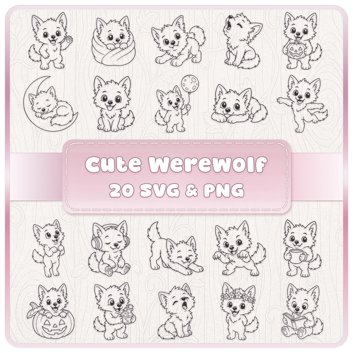 Cute Werewolf SVG and PNG bundle with 20 adorable kawaii wolf clipart designs for Halloween Cricut, sublimation and craft projects.