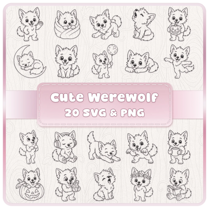Cute Werewolf SVG and PNG bundle with 20 adorable kawaii wolf clipart designs for Halloween Cricut, sublimation and craft projects.